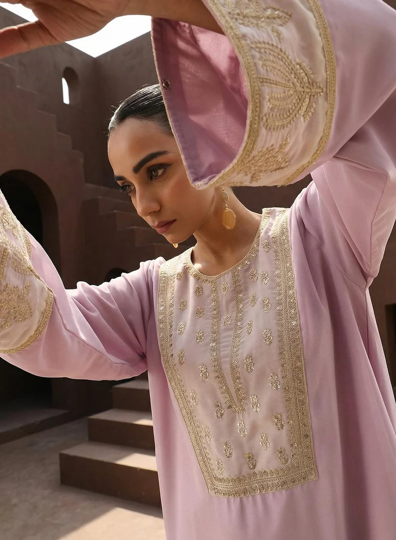 ISHIN  Lilac Zari Embroidered Colourblock Abaya for Women | Best Price UAE